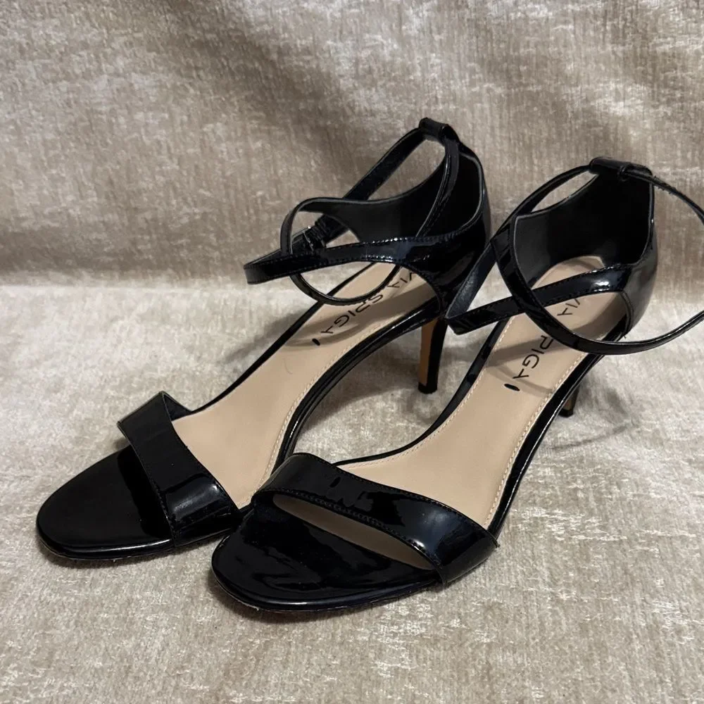 Via Spiga Black Patent Leather Ankle Strap Heels